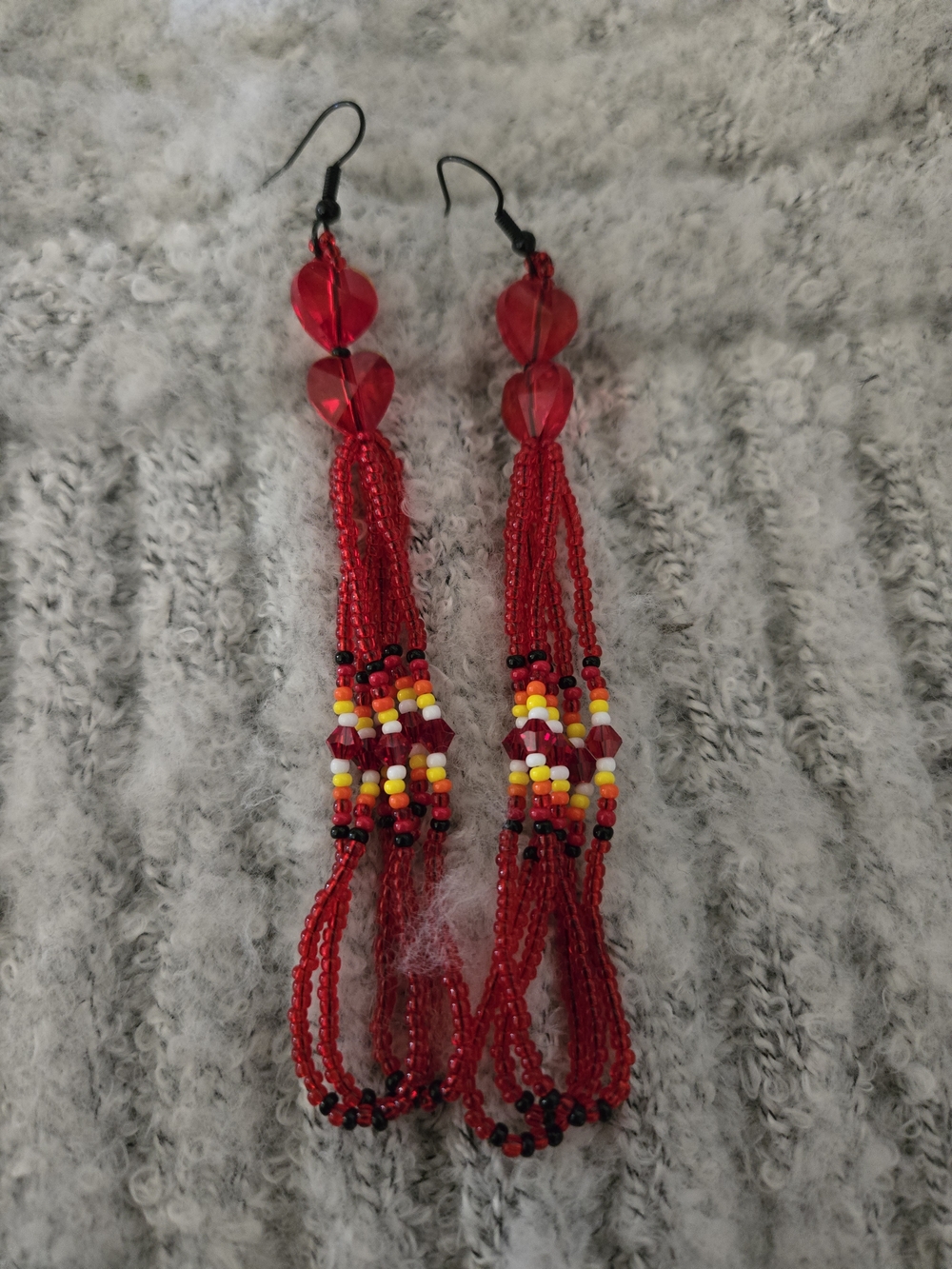 Red Beaded Tassel Earrings With Mini Hearts
